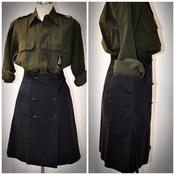 Vintage 1990s Black Kilt Style Cotton A Line Wrap Skirt Front Buttons DKNY 28 Inch Waist