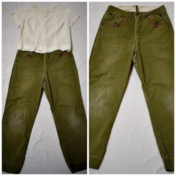 Vintage 1960s Men's Women's Khaki Green Cotton Boy Scouts Military Style Uniform Pants Soft Worn 31 Inch Waist