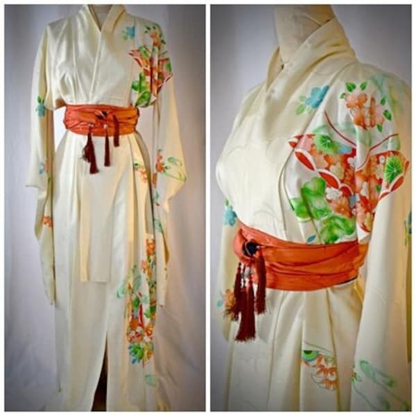 Vintage 1970s Ivory Silk Kimono With Bright Red Green Orange Blue Butterflies and Flowers Print Metallic Gold Embroidery 44 Inch Bust