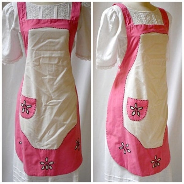 Vintage 1920s Natural Muslin and Rose Pink Cotton Farmhouse Bib Apron With Black Embroidery and Flower Details One Size