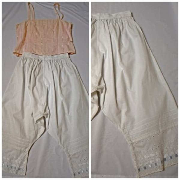 Antique Victorian Edwardian White Cotton Bloomers Pantaloons With Hand Embroidered Eyelet Lace Trim and Blue Ribbon 25 Inch Waist