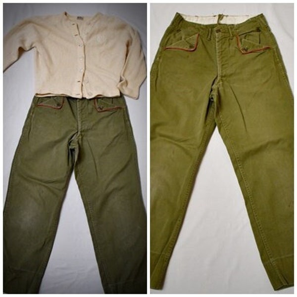 Vintage 1960s Teen or Womens Khaki Green Cotton Boy Scouts Uniform Pants With Red Piped Pockets 28 Inch Waist/26 Inch Inseam