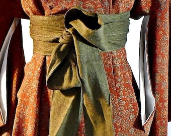 Long Wide Linen/Ramie Blend Sash Belt  Pale Green-Wheat Colored, Olive Green, Red, Indigo 4 Inches Wide 108 Inches Long