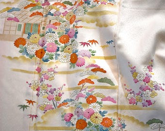 Vintage 1960s Smooth Ivory Silk Long Japanese Kimono With Multi Colored Flowers Mountains Streams Print 48 Inch Bust