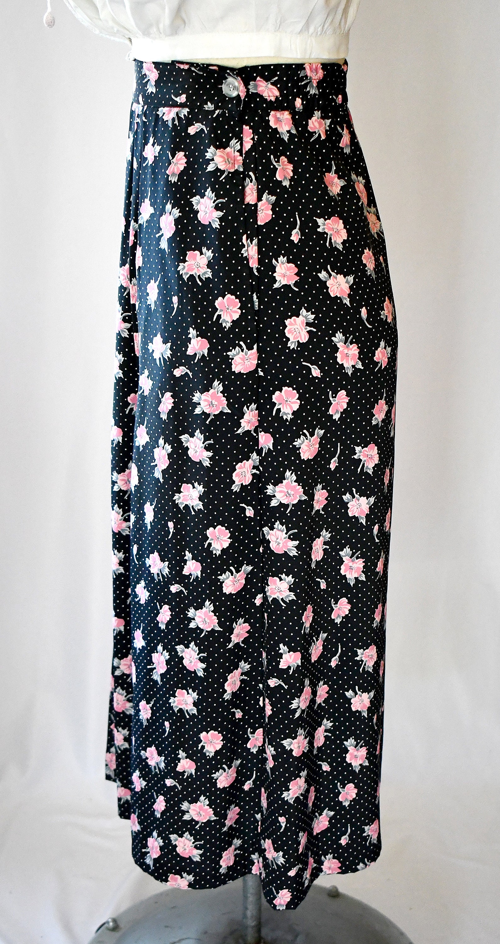 Vintage 1980s Black and White Polka Dot Pink Rose Print Full - Etsy