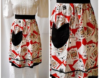 Vintage 1960s Red White Black Cotton Half Apron With Awesome Poker Bridge Game Playing Cards Print