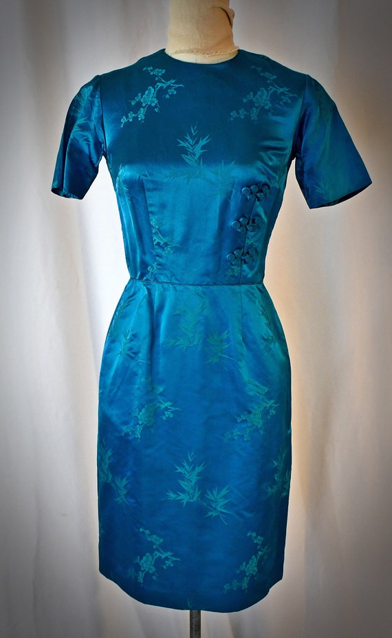 Vintage 1960s Asian Style Teal Blue Silk Jacquard 