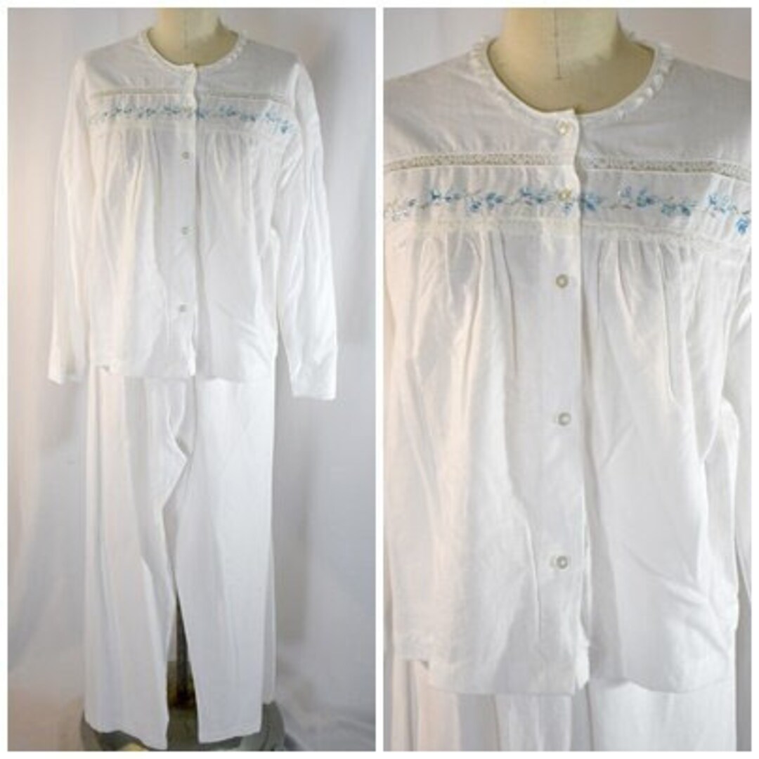 Vintage 1960s Super Soft White Cotton Rayon Blend Flannel Pajamas With ...