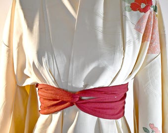 Vintage 1960s Ivory Long Silk Japanese Kimono Robe With Multi Color Fan and Flower Print 48 Inch Bust