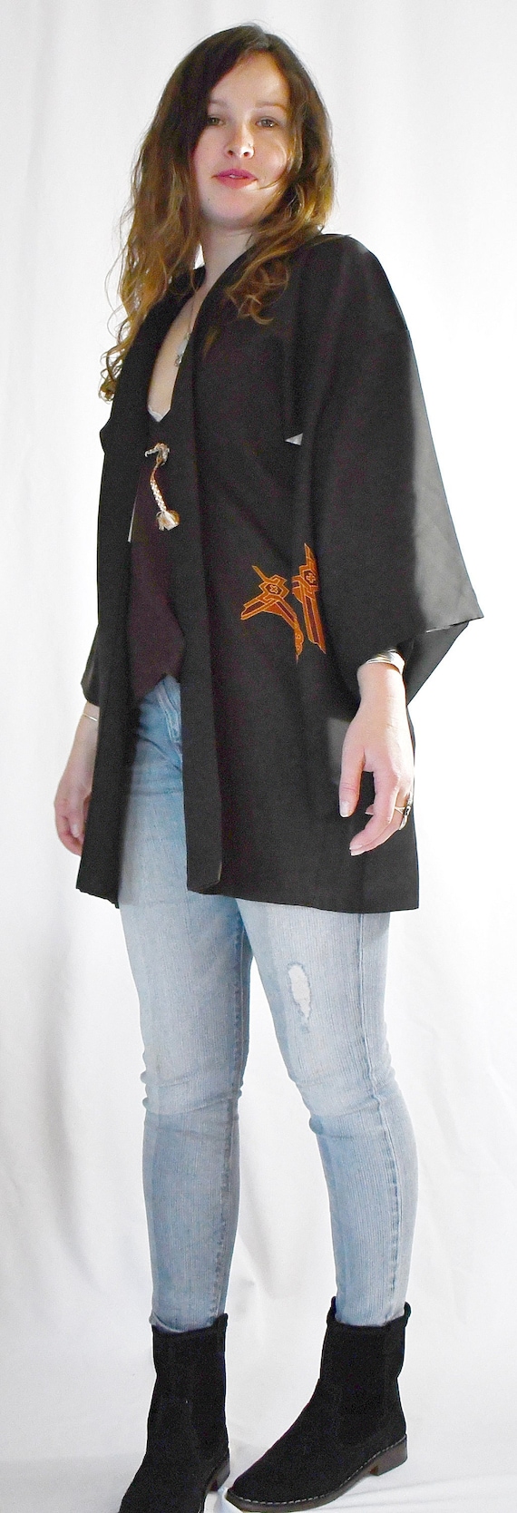 Vintage Black Silk Short Kimono Jacket Robe With H