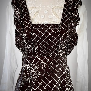 Vintage 1970s Black and White Floral Print Long Ruffle Pinafore Made In Finland One Size
