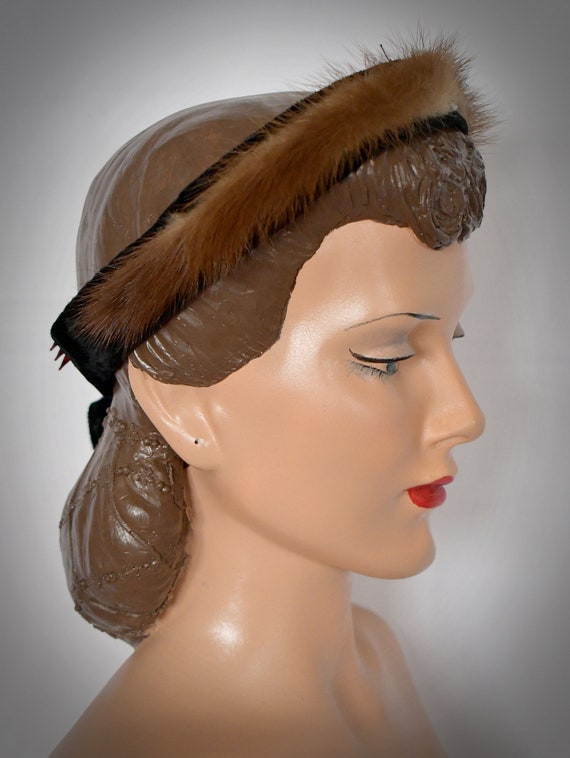 Vintage 1950s Brown Tan Fur and Black Velvet Head… - image 5