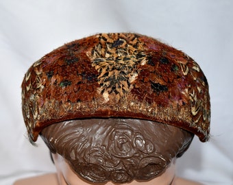 Vintage 1950s Pheasant Feather Wide Headband Juliet Cap Skull Cap Crown Brown Ivory Tan and Green