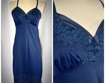 Vintage 1970s Dark Navy Dress Slip With Chiffon Trim and Large Lace Appliques Van Raalte 34 Inch Bust