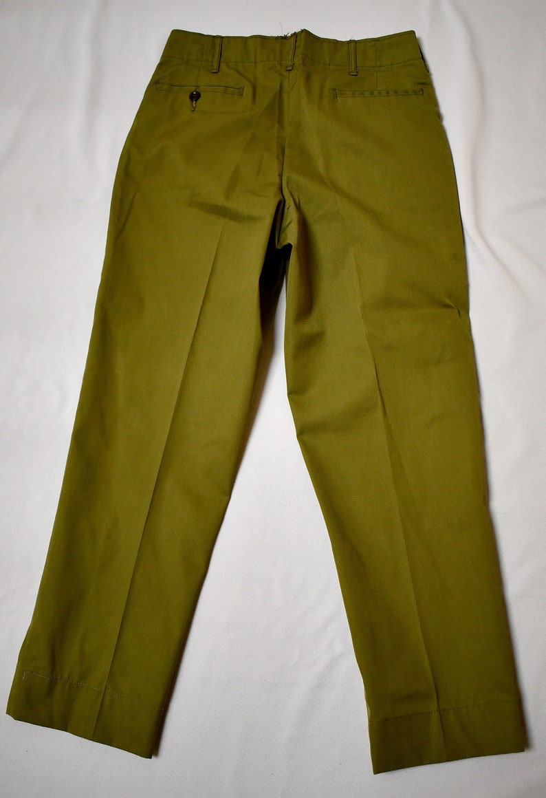 Vintage 1970s Khaki Green Mens Womens Boys Boy Scouts Uniform Slacks or Pants With Red Piping Details 29 Inch Waist/26 Inch Inseam image 5