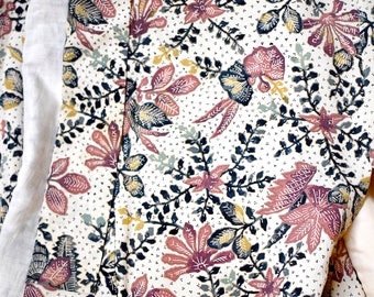 Vintage 1960s Ivory, Dark Green, Rose, Gold and Aqua Floral Print 100% Silk Long Japanese Kimono 44 Inch Bust