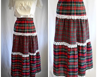 Vintage 1970s Red and Green Plaid Cotton Tiered Wrap Skirt Maxi Skirt With White Lace Trim SWIRL 30 Inch Waist