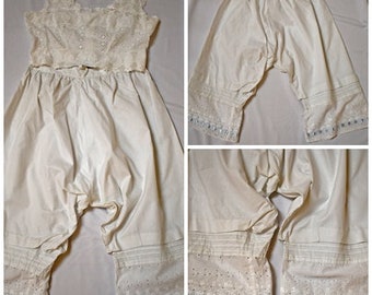 Antique Victorian Edwardian White Cotton Bloomers Pantaloons With Hand Embroidered Eyelet Lace and Pale Blue Ribbon 30 or 32 Inch Waist