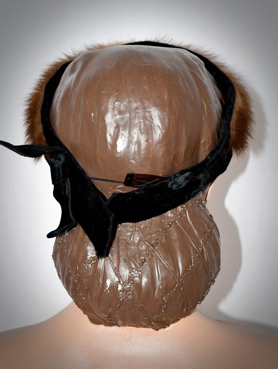 Vintage 1950s Brown Tan Fur and Black Velvet Head… - image 7