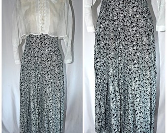 Vintage 1980s Black and White Paisley Floral Rayon High Waisted Gauchos Split Skirt Culottes 29 Inch Waist