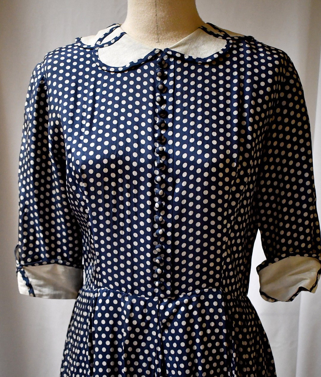 1950s Navy Blue Polka Dot Rayon Dress with Pockets | x-small/small main image 1