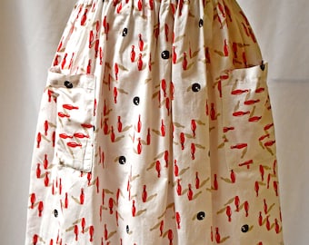Vintage 1960s White Red Tan and Black Cotton Bowling Pins and Balls Print Half Apron One Sz