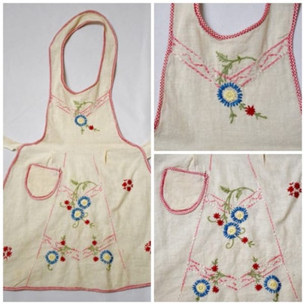 Vintage 1920s Child's Little Girl's Cotton Muslin Bib Apron Pinafore Smock With Hand Embroidery and Red Checked Trim 4/5 Years