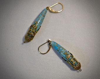 Vintage 1940s 50s Medieval Style Long Turquoise and Gold Art Glass Drop Earrings With Pierced Filigree Gold Metal End Caps 2 1/4 Inches