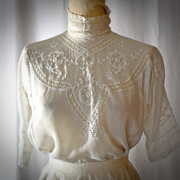 Antique Edwardian White Cotton High Neck 3/4 Sleeve Blouse With Hand Embroidery and Irish Lace 40 Inch Bust