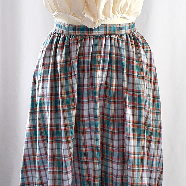 Vintage 1970s Soft Teal Red and Gray Plaid Prairie Skirt Jean St. Tropez France 25 Inch Waist