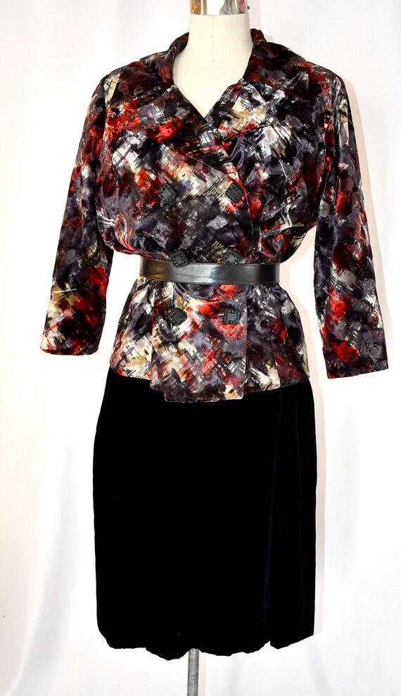 Vintage 1950s Black Ivory Red Print Velvet Double Breasted