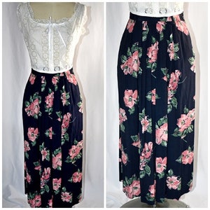 Vintage 1980s Black Rayon Pleated Skirt With Rose Pink Floral Print 28 Inch Waist