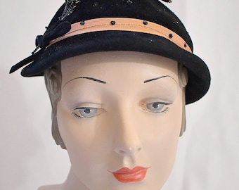 Vintage 1950s Black Wool Flannel Hat Cap With Orange Ribbon Band Sequins and Beaded Feather