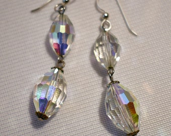 Vintage 1970s Long Stunning Faceted AB Crystal Pierced Drop Earrings With Silver Metal 2 1/4 Inches