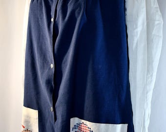 Vintage 1970s Red Check and Navy Artist's Kitchen Garden Smock Apron With Flower Cart Print Pockets 52 inch bust