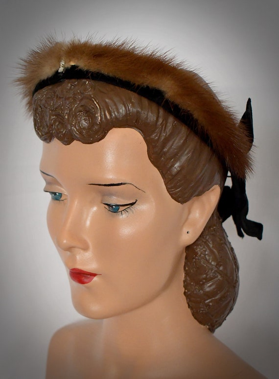 Vintage 1950s Brown Tan Fur and Black Velvet Head… - image 9