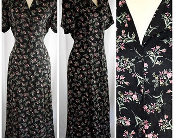 vintage années 1980 Rétro années 40 Style Bouton Chemise avant Taille Robe Midi Noir Avec Rose et Vert Rose Bouquet Imprimé Rayonne 42 pouces Buste