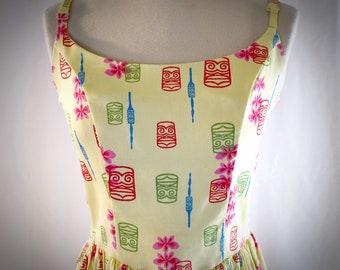 Vintage 1990s Retro 50s Style Light Yellow Pink and Green Polynesian Print Cotton Sun Dress With Full Skirt 36/38 Inch Bust 30 Inch Waist