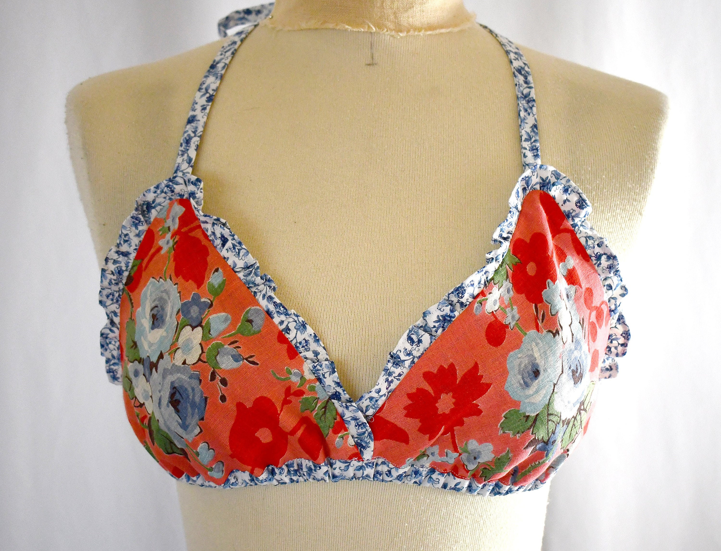 Bra Top Bralette Made of Vintage Red and Blue Floral French | Etsy