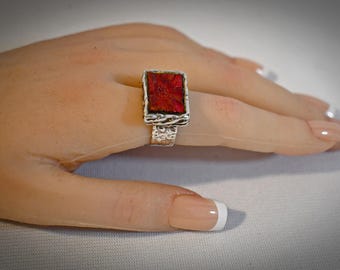 Vintage 1980s Sterling Silver and Carved Deep Red Stone Floral Large Rectangular Wide Band Size 5 1/2