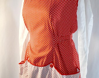 Vintage 1950s Red and White Polka Dot Button Back Full Apron Smock Kitchen CARMEN LEE