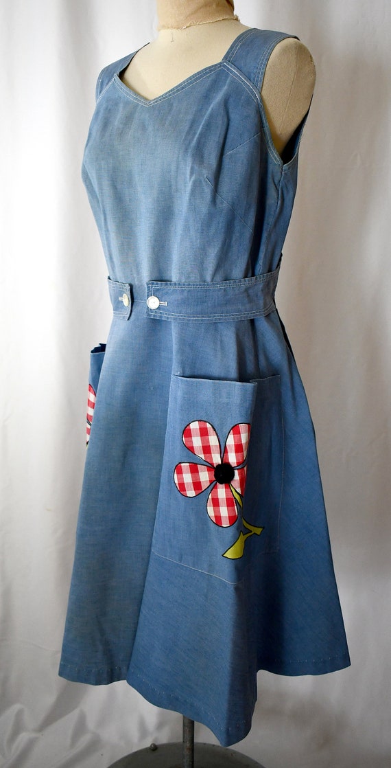 Vintage 1960s Blue Cotton Chambray Wrap Sun Dress 