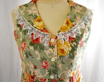 Vintage 1980s Green Pink Yellow Floral Button Front Sleeveless Midi Dress With White Venice Lace Trim 36 Inch Bust