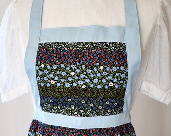 Vintage 1970s Blue Red White Floral Cotton Long Pinafore Bib Apron One Size