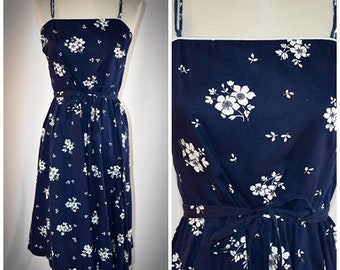 Vintage 1980s Dark Indigo Blue and White Floral Print Sun Dress Lanz Originals 36 Inch Bust/30 Inch Waist