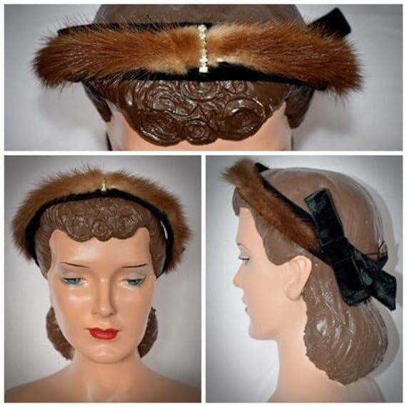 Vintage 1950s Brown Tan Fur and Black Velvet Head… - image 1