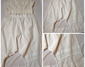 Antique Victorian Edwardian White Cotton Bloomers Pantaloons Pettipants With Wide Hand Embroidered Eyelet Lace 30 to 33 Inch Waist