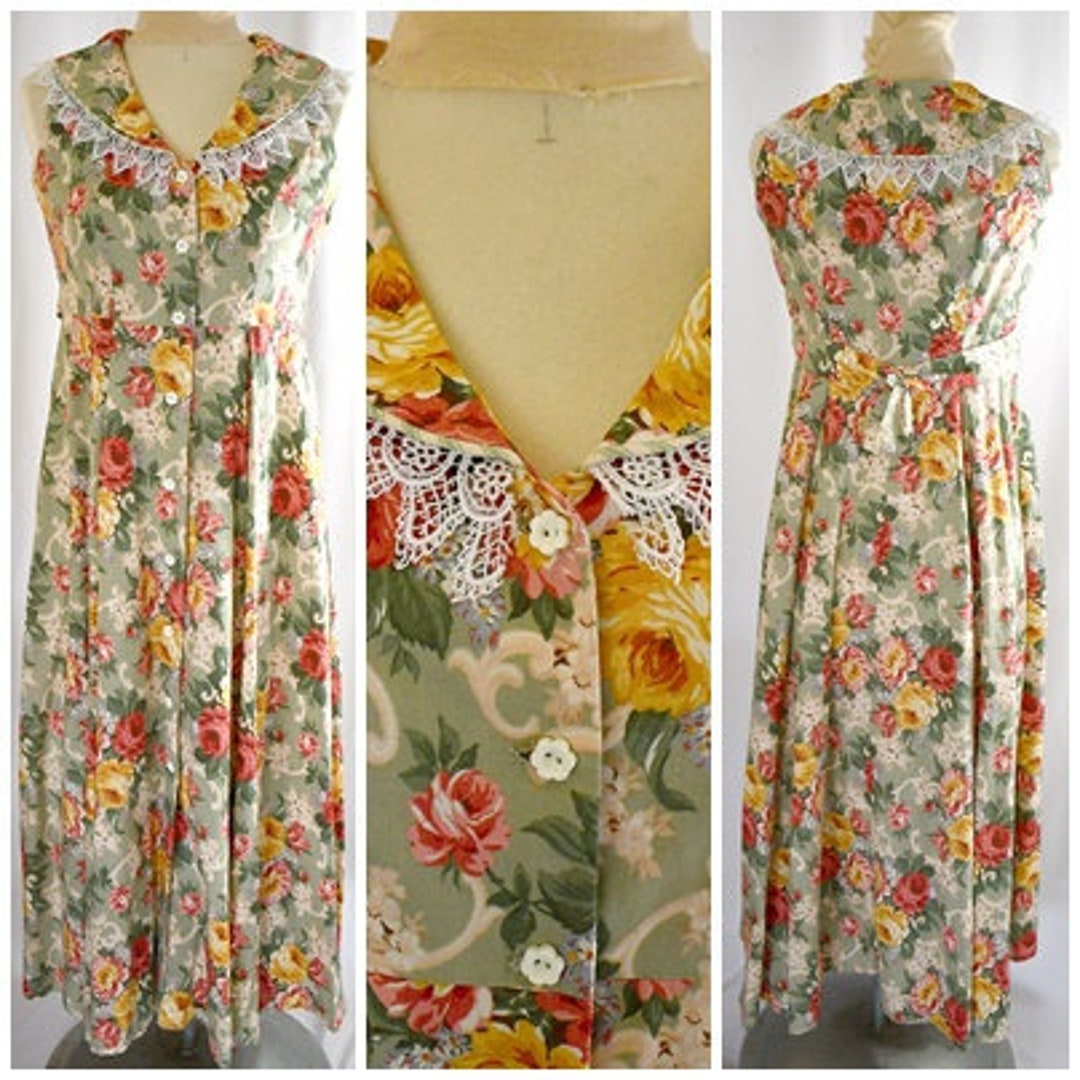 Vintage 1980s Green Pink Yellow Floral Button Front Sleeveless Midi ...