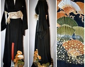 Vintage Stunning Smooth Black Silk Long Kimono With Orange Ivory Green and Metallic Gold Embroidered Scallop Shell Coral Print 48 Inch Chest