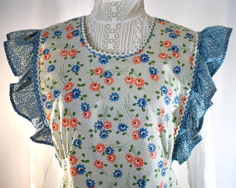 Vintage 1980s Victorian Style Blue and Pink Floral Calico Pinafore Apron Farm House